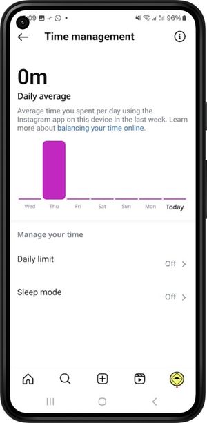 The Instagram settings tab for Time Management
