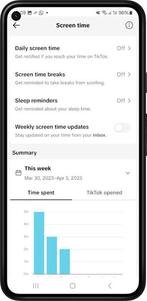 The TikTok settings tab for Screen Time