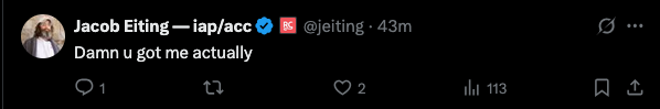 A tweet from @jeiting with the text: Damn u got me actually