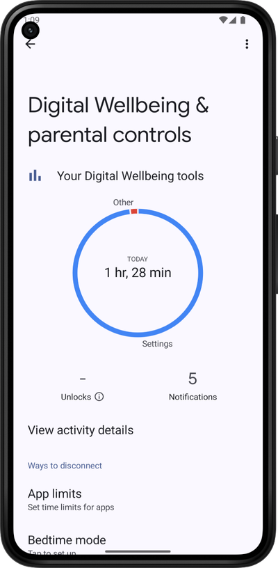 An Android screenshot of the Digital Wellbeing & Parental Controls section