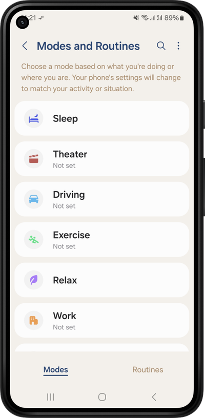 An Android screenshot of the Modes and Routines app