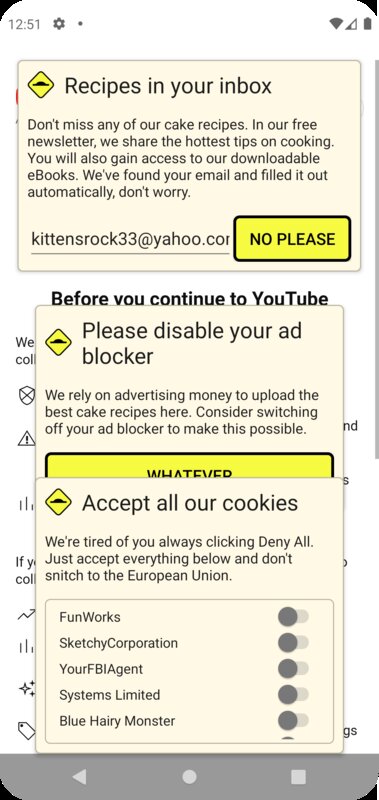 A screenshot of a social media app covered by annoying pop-ups. One at the top asks the user to subscribe to a recipes newsletter, another in the center asks the user to disable their ad blocker, and the one at the bottom requires accepting all the cookies one by one before continuing.